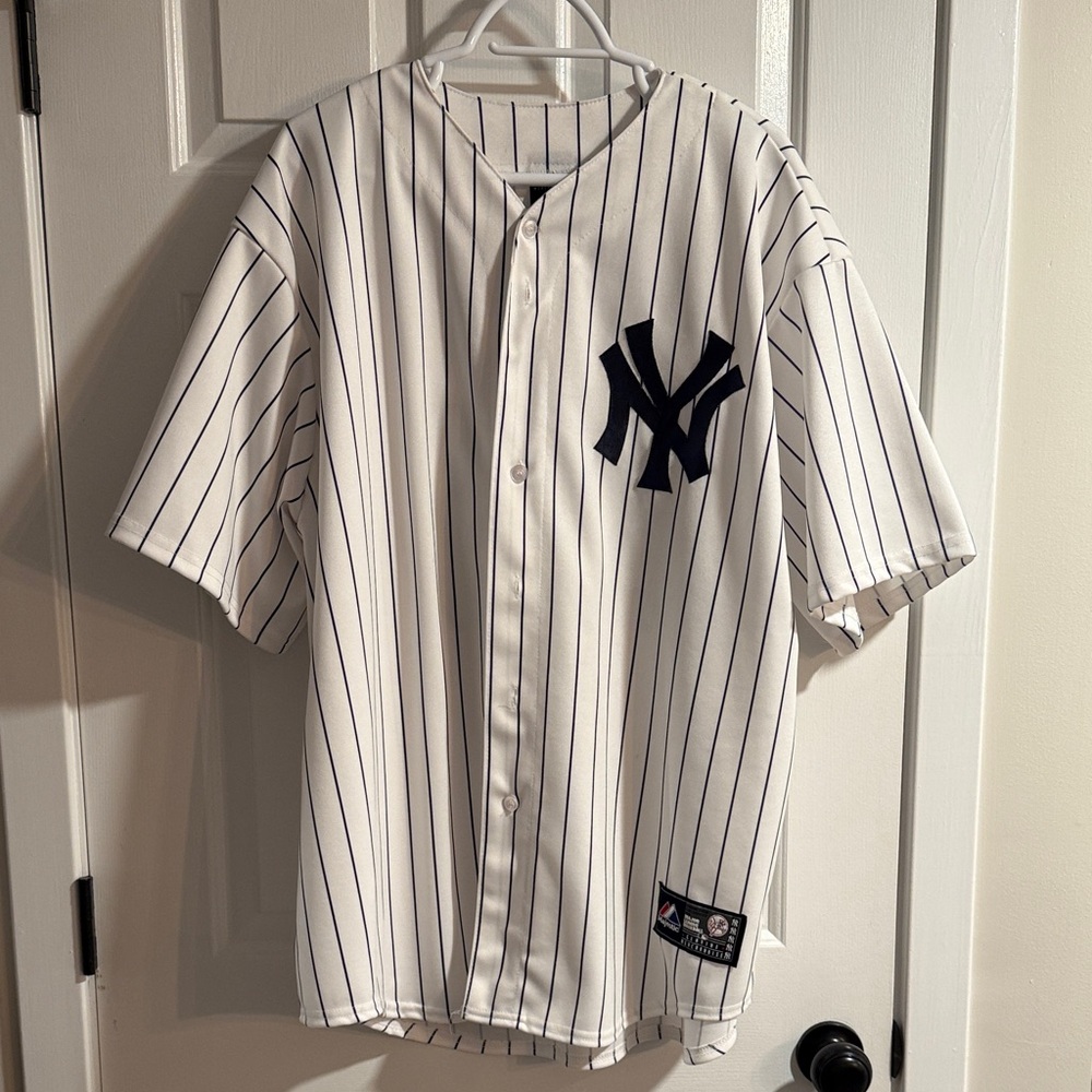 Men's White Yankees Pinstripe Baseball Jersey-Teixeira #25
